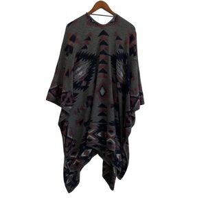 Lucky Brand Aztec Southwest Poncho OS Gray Tribal  Boho Hippie Indie Festival